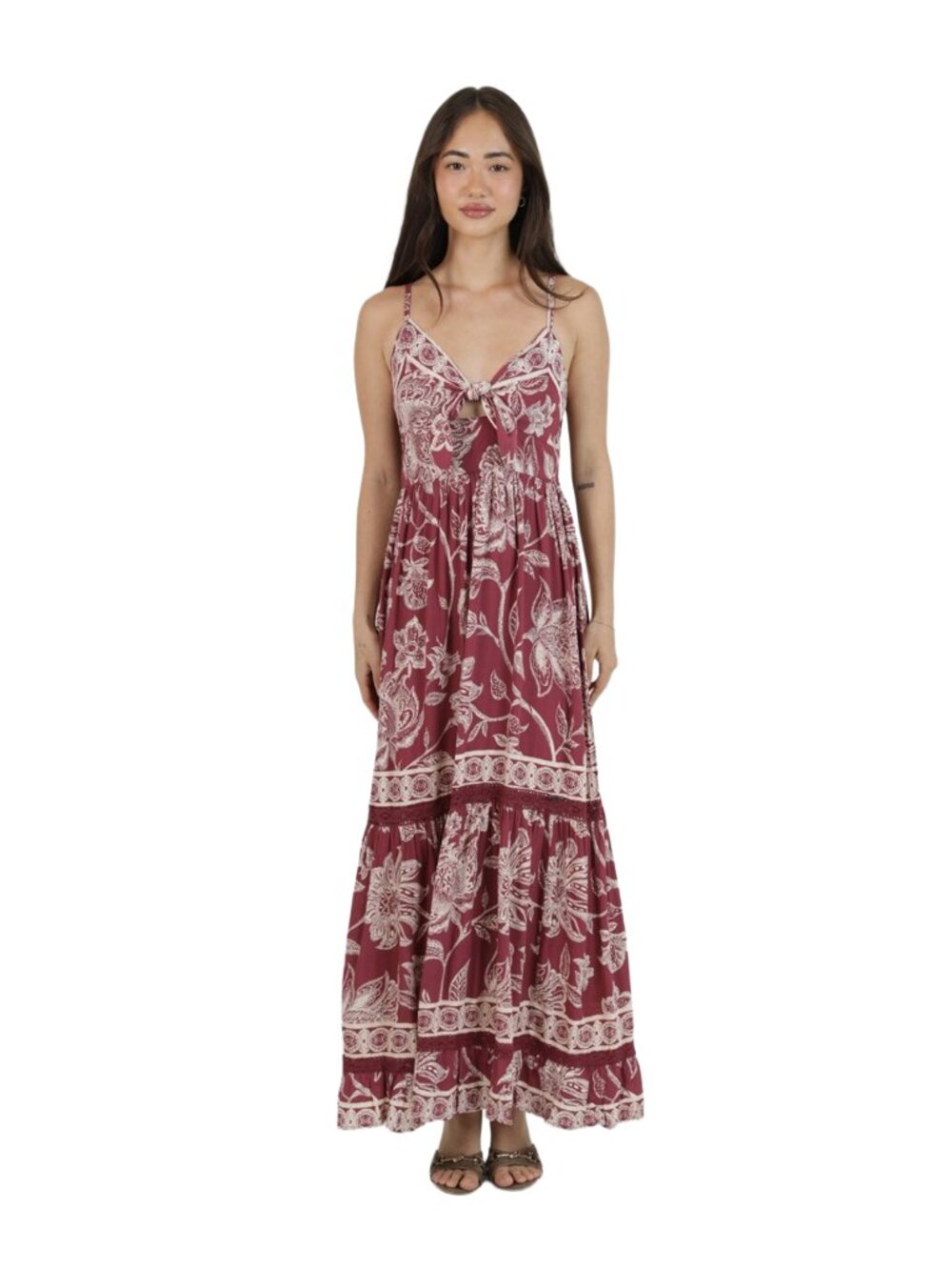 Angie Tie‑Front Keyhole Spaghetti Strap Tiered Maxi Dress – Deep Wine Floral
